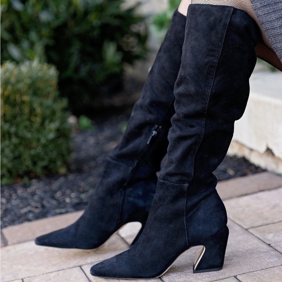 SAM EDELMAN Sulema Knee High Suede Heel Boot Black Leather Zipper Closure - Picture 7 of 7